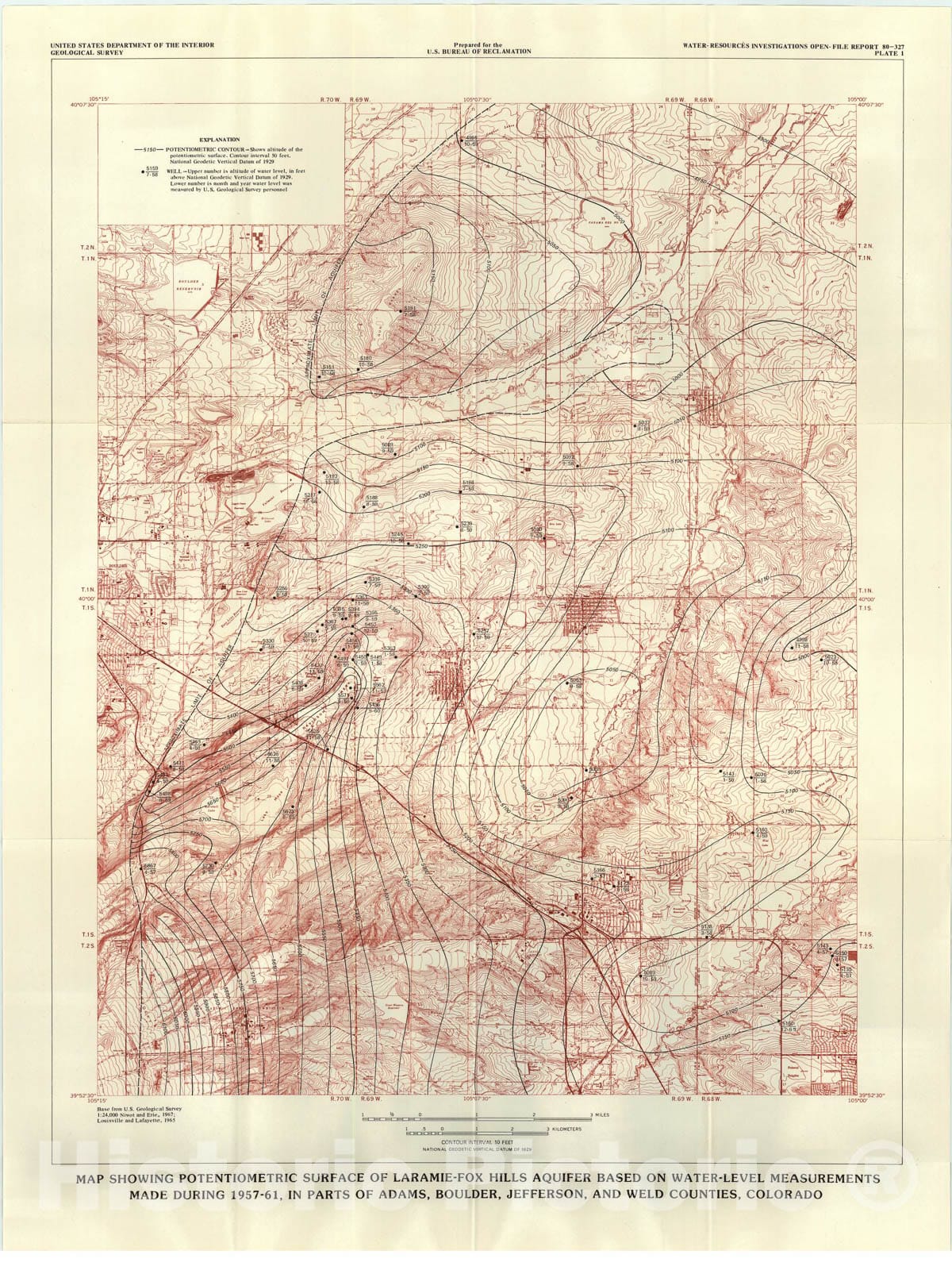 Map : Water-supply assessment of the Laramie - Fox Hills aquifer in parts of Adams, Boulder, Jefferson, and Weld Counties, Colorado, 1980 Cartography Wall Art :