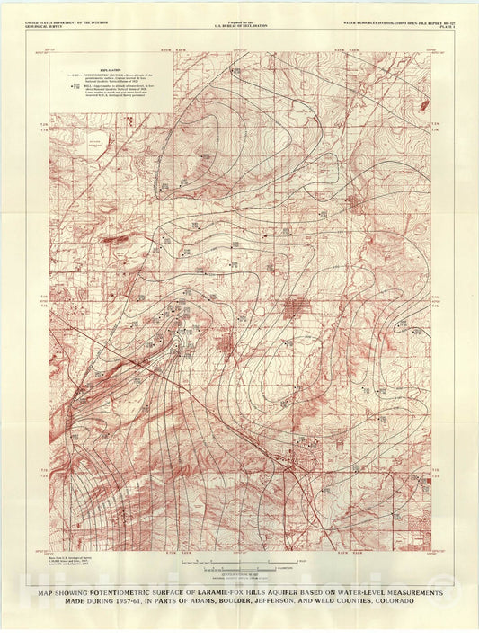 Map : Water-supply assessment of the Laramie - Fox Hills aquifer in parts of Adams, Boulder, Jefferson, and Weld Counties, Colorado, 1980 Cartography Wall Art :