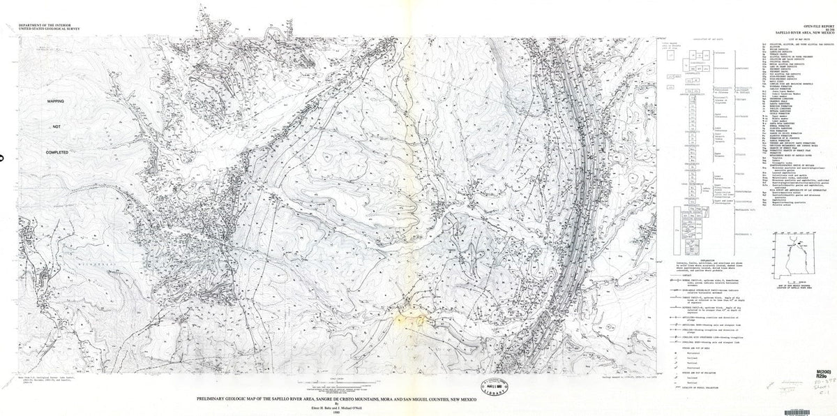 Map : Preliminary geologic map of the Sapello River area, Sangre de Cristo Mountains, Mora and San Miguel Counties, New Mexico, 1980 Cartography Wall Art :