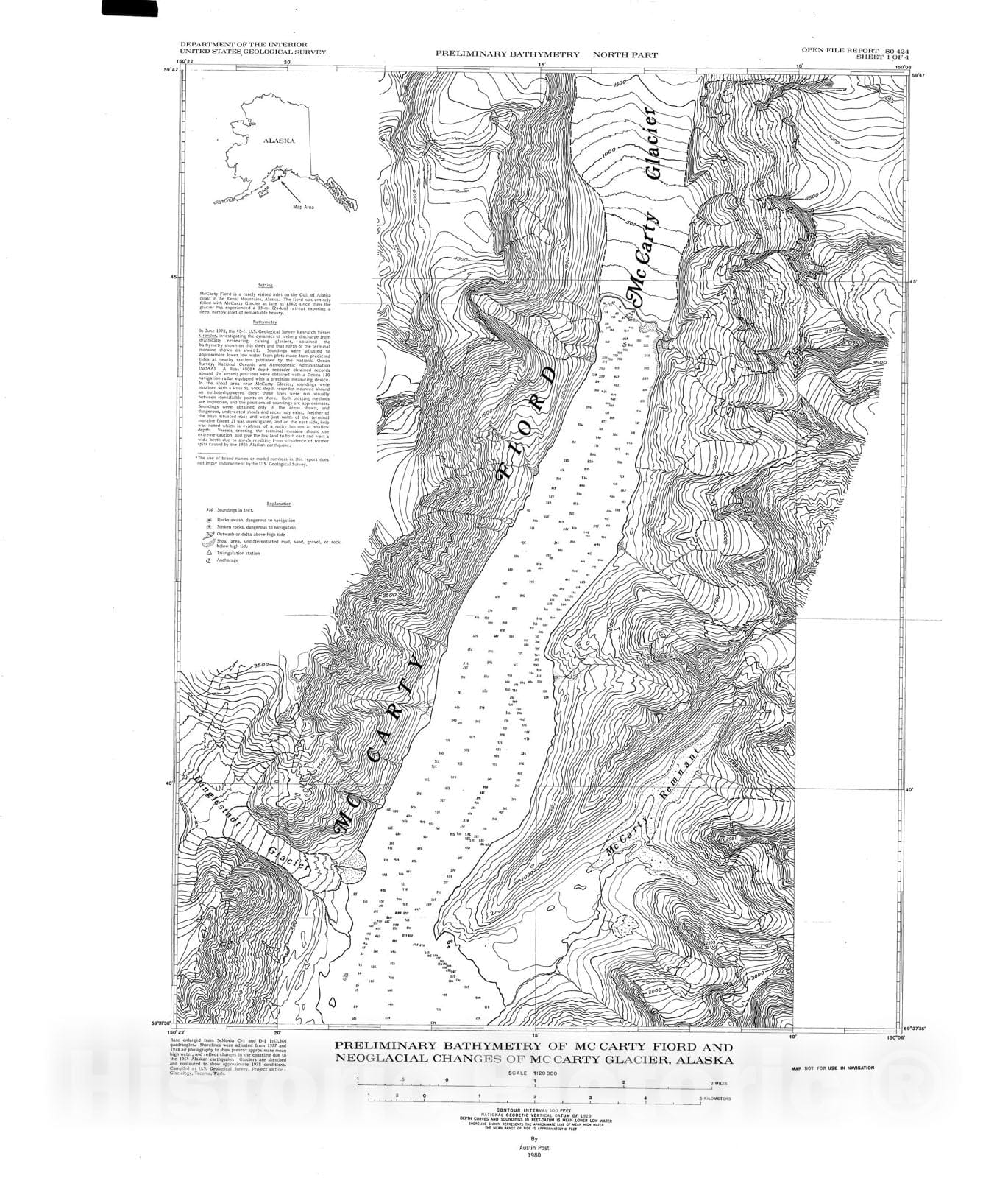 Map : Preliminary bathymetry of McCarty Fiord and neoglacial changes of McCarty Glacier, Alaska, 1980 Cartography Wall Art :