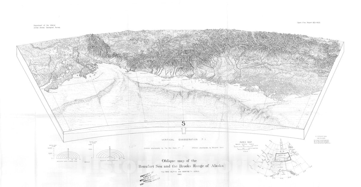 Map : Oblique map of the Beaufort Sea and the Brooks Range of Alaska, 1980 Cartography Wall Art :