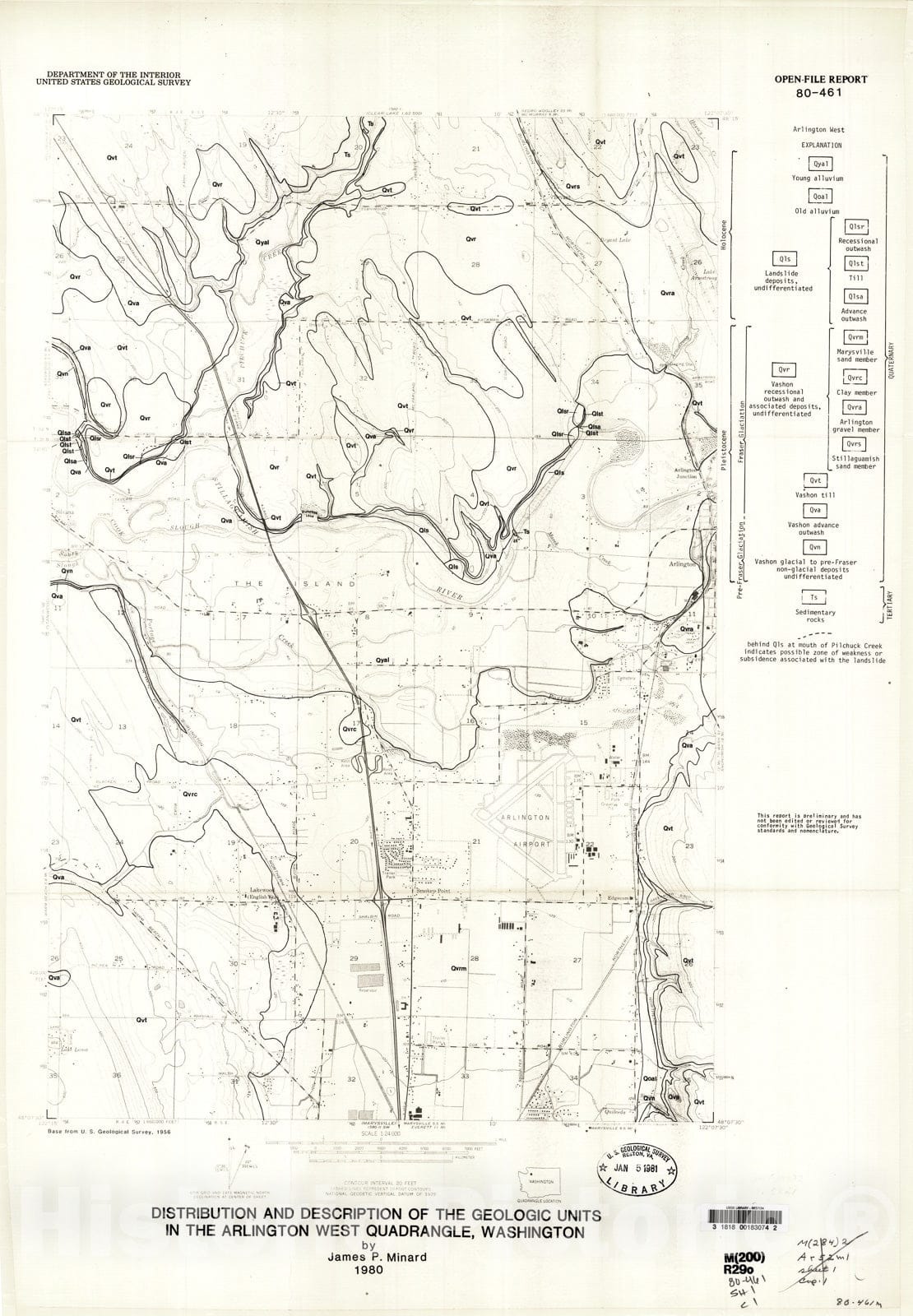 Map : Distribution and description of the geologic units in the Arlington West quadrangle, Washington, 1980 Cartography Wall Art :