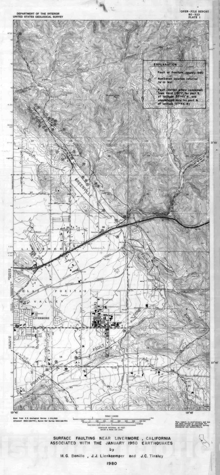 Map : Surface faulting near Livermore, California associated with the January 1980 earthquakes, 1980 Cartography Wall Art :