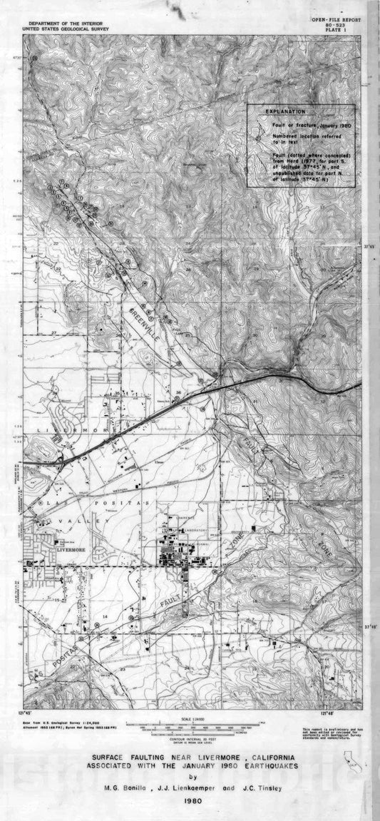 Map : Surface faulting near Livermore, California associated with the January 1980 earthquakes, 1980 Cartography Wall Art :