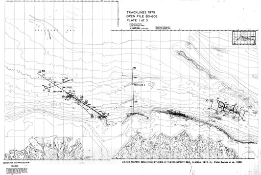 Map : U.S.G.S. marine geologic studies in the Beaufort Sea, Alaska, 1979, data type, location, and records obtained., 1980 Cartography Wall Art :