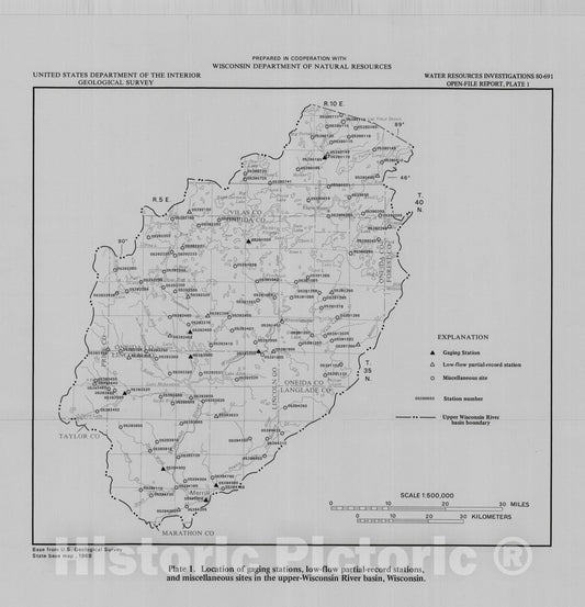 Map : Low-flow characteristics of streams in the upper Wisconsin River Basin, Wisconsin, 1980 Cartography Wall Art :