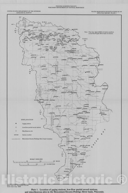 Map : Low-flow characteristics of streams in the Menominee - Oconto - Peshtigo River Basin, Wisconsin, 1980 Cartography Wall Art :