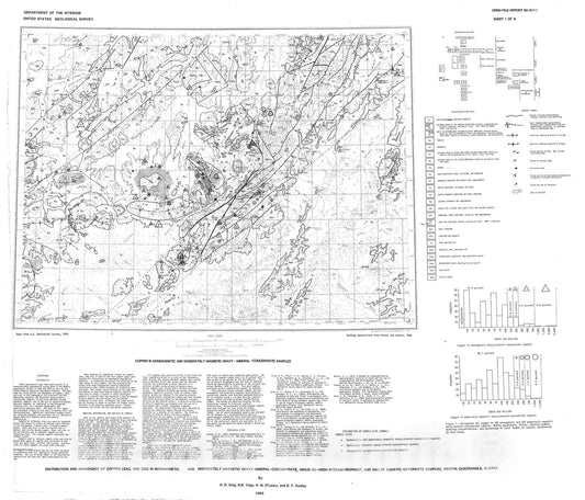 Map : Distribution and abundance of copper, lead, and zinc in nonmagnetic and moderately magnetic heavy-mineral-concentrate, minus-80-me, 1980 Cartography Wall Art :