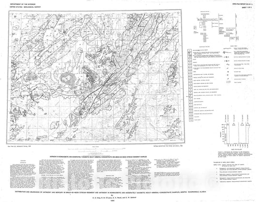 Map : Distribution and abundance of antimony and mercury in minus-80-mesh stream-sediment and antimony in nonmagnetic and moderately mag, 1980 Cartography Wall Art :