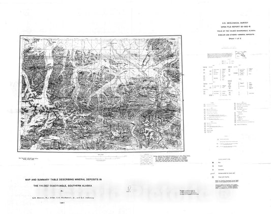 Map : Map and summary table describing mineral deposits in the Valdez quadrangle, southern Alaska, 1980 Cartography Wall Art :