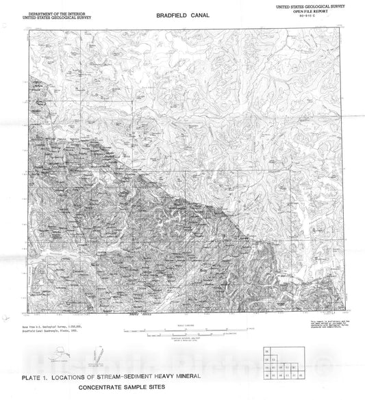 Map : Trace-element data for stream-sediment heavy-mineral concentrate samples from the Bradfield Canal quadrangle, southeastern Alaska, 1980 Cartography Wall Art :