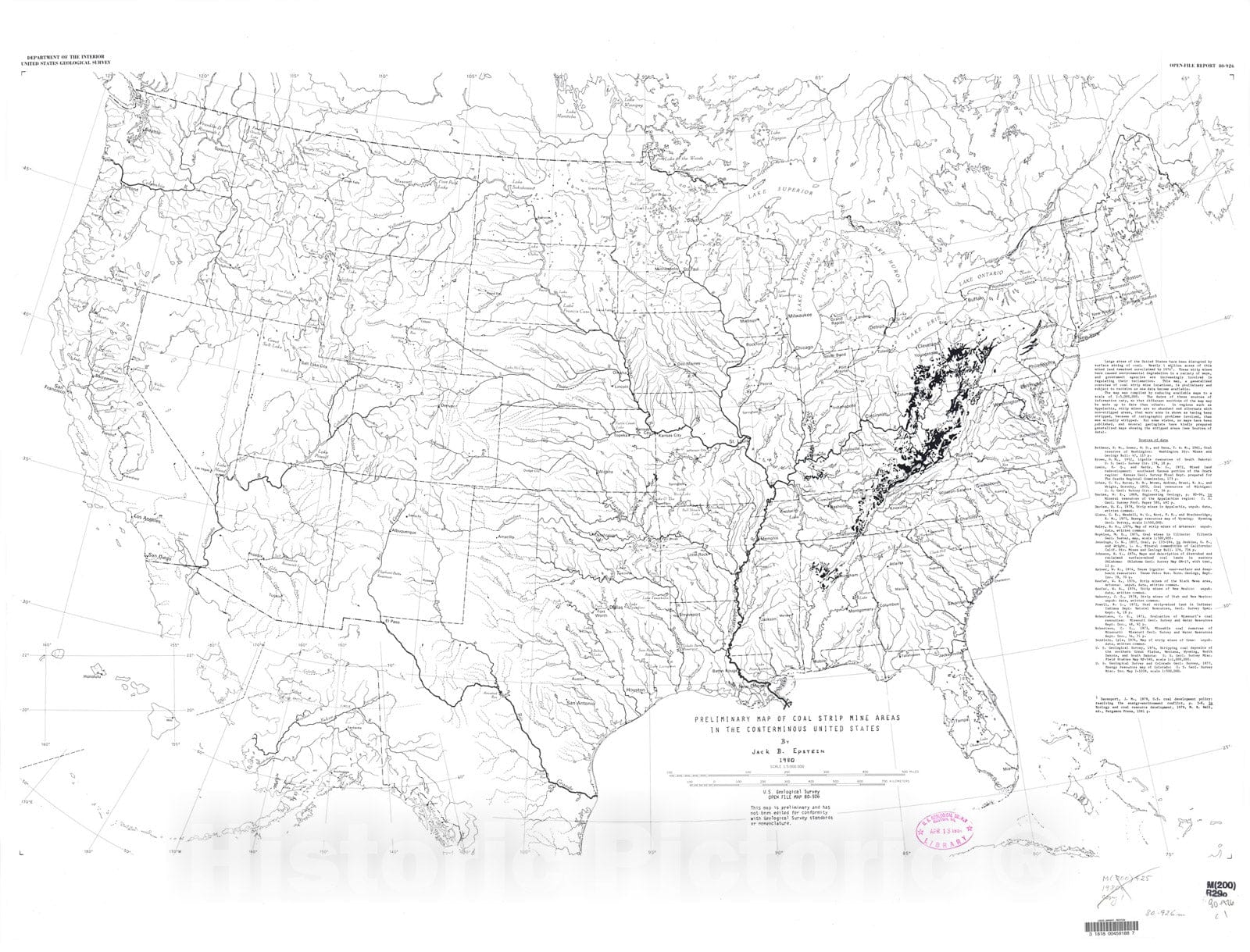 Map : Preliminary map of coal strip mine areas in the conterminous United States, 1980 Cartography Wall Art :