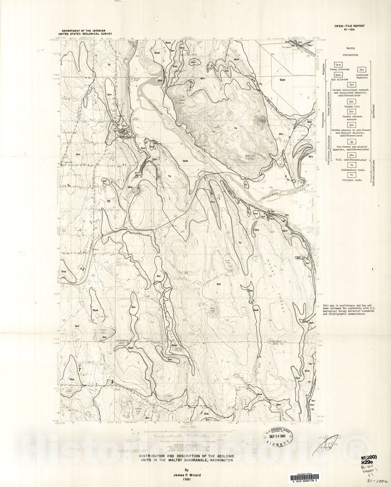Map : Distribution and description of the geologic units in the Maltby quadrangle, Washington, 1981 Cartography Wall Art :