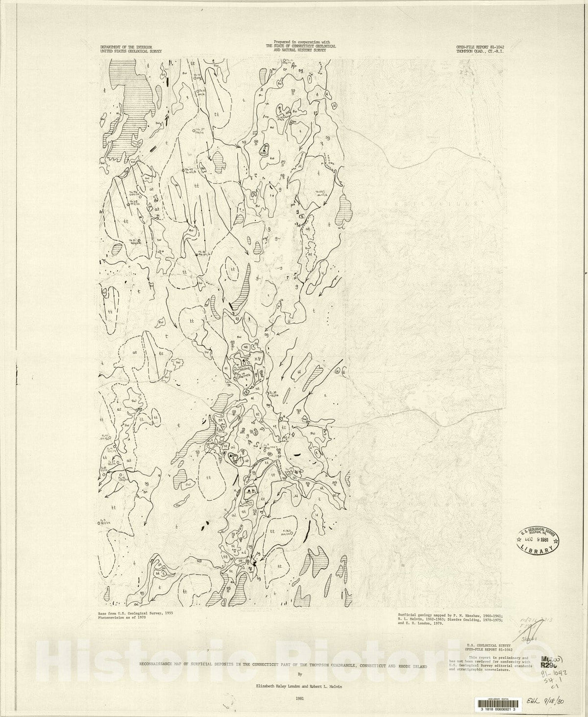 Map : Reconnaissance map of surficial deposits in the Connecticut part of the Thompson quadrangle, Connecticut and Rhode Island, 1981 Cartography Wall Art :