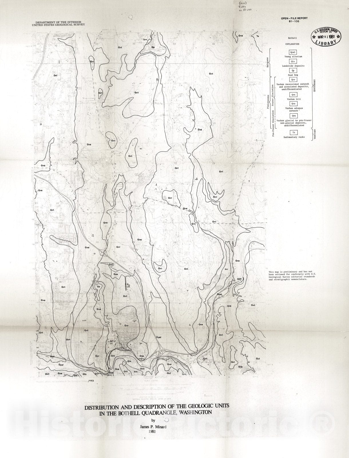 Map : Distribution and description of the geologic units in the Bothell quadrangle, Washington, 1981 Cartography Wall Art :