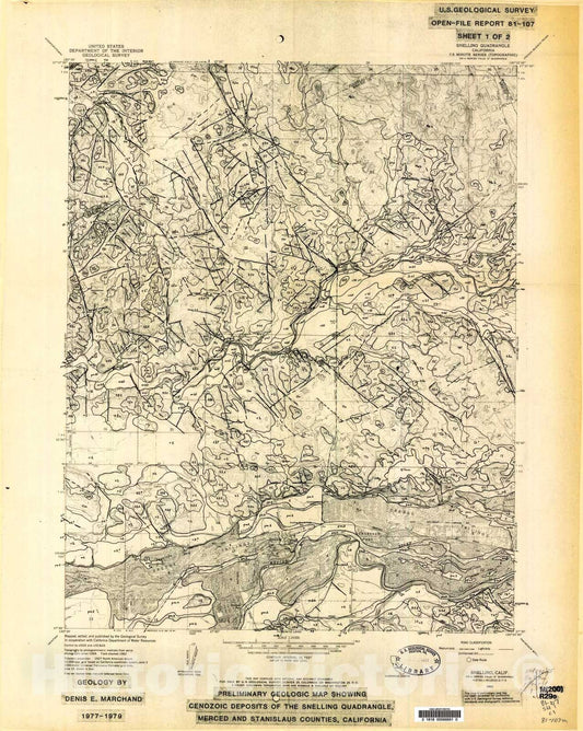 Map : Preliminary geologic maps showing Cenozoic deposits of the Snelling and Merced Falls quadrangles, Merced and Stanislaus Counties, California, 1981 Cartography Wall Art :