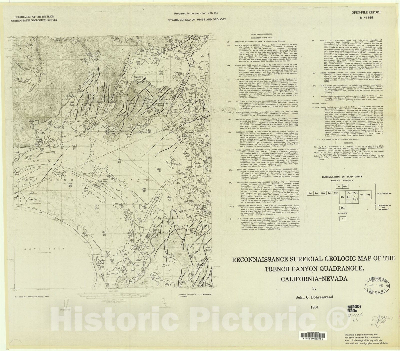 Map : Reconnaissance surficial geologic map of the Trench Canyon quadrangle, California - Nevada, 1981 Cartography Wall Art :