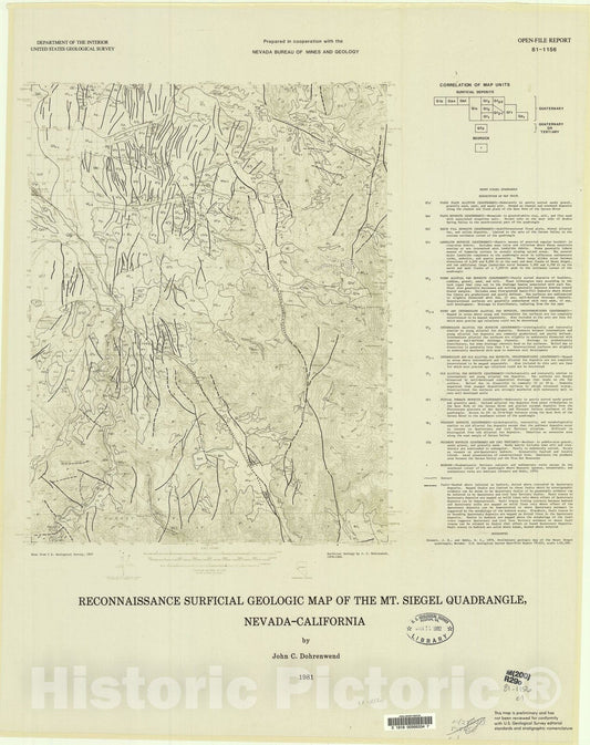 Map : Reconnaissance surficial geologic map of the Mt. Siegel quadrangle, Nevada - California, 1981 Cartography Wall Art :