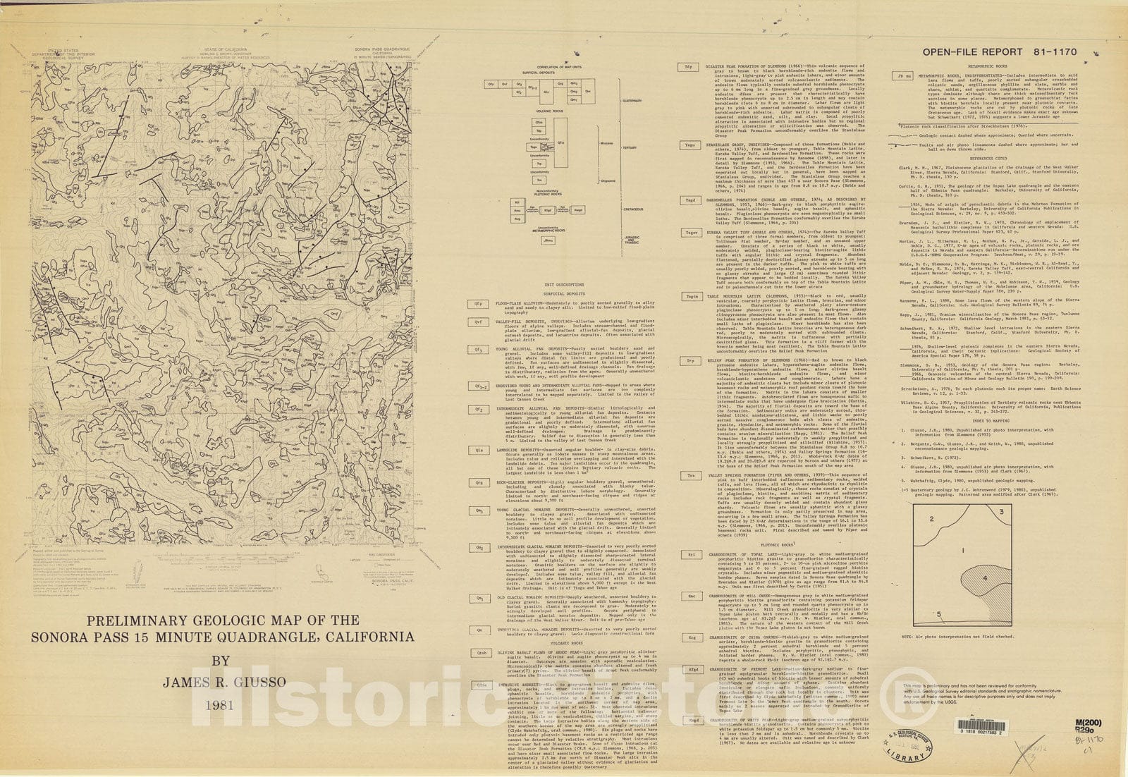 Map : Preliminary geologic map of the Sonora Pass fifteen minute quadrangle, California, 1981 Cartography Wall Art :