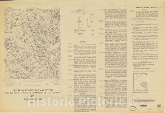 Map : Preliminary geologic map of the Sonora Pass fifteen minute quadrangle, California, 1981 Cartography Wall Art :