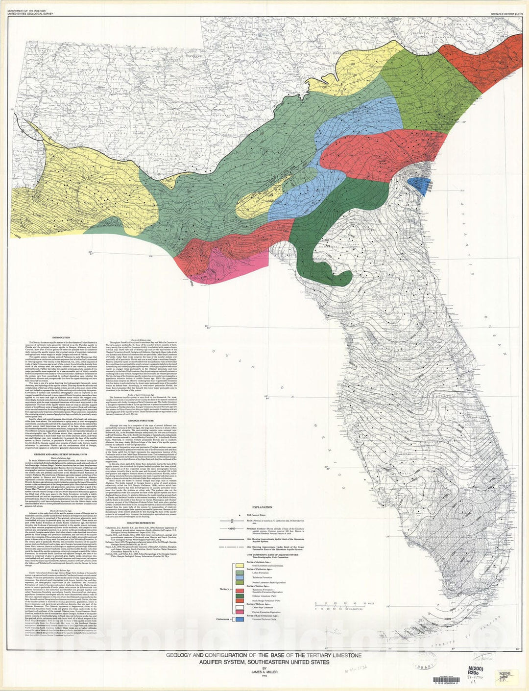 Map : Geology and configuration of the base of the Tertiary limestone aquifer system, southeastern United States, 1981 Cartography Wall Art :