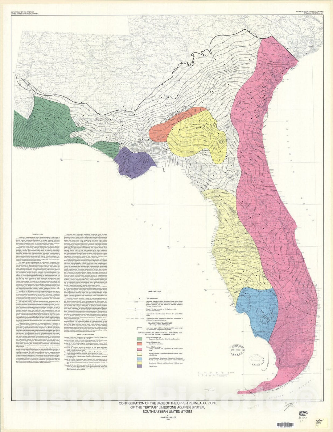 Map : Configuration of the base of the upper permeable zone of the Tertiary limestone aquifer system, southeastern United States, 1981 Cartography Wall Art :
