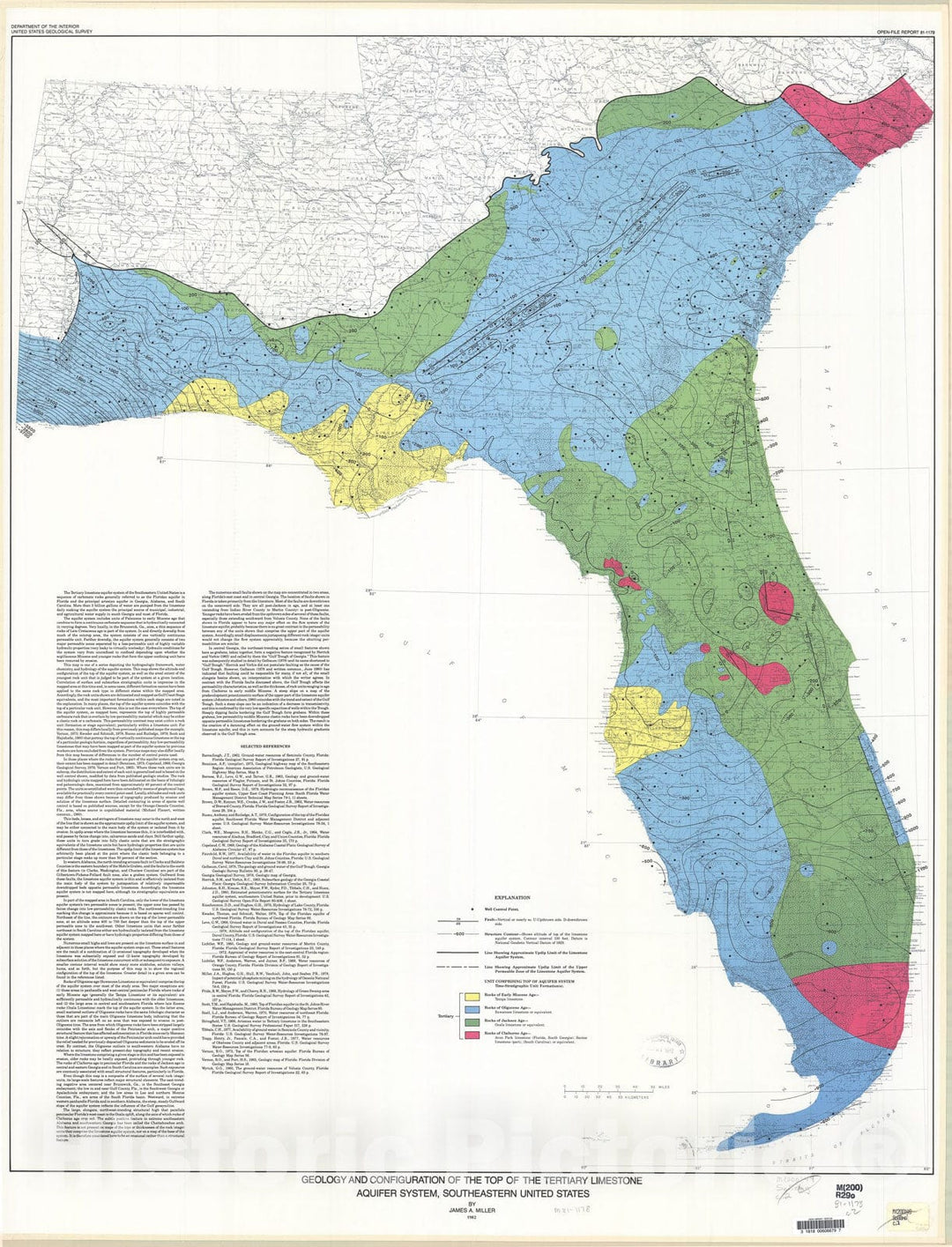 Map : Geology and configuration of the top of the Tertiary limestone aquifer system, southeastern United States, 1981 Cartography Wall Art :