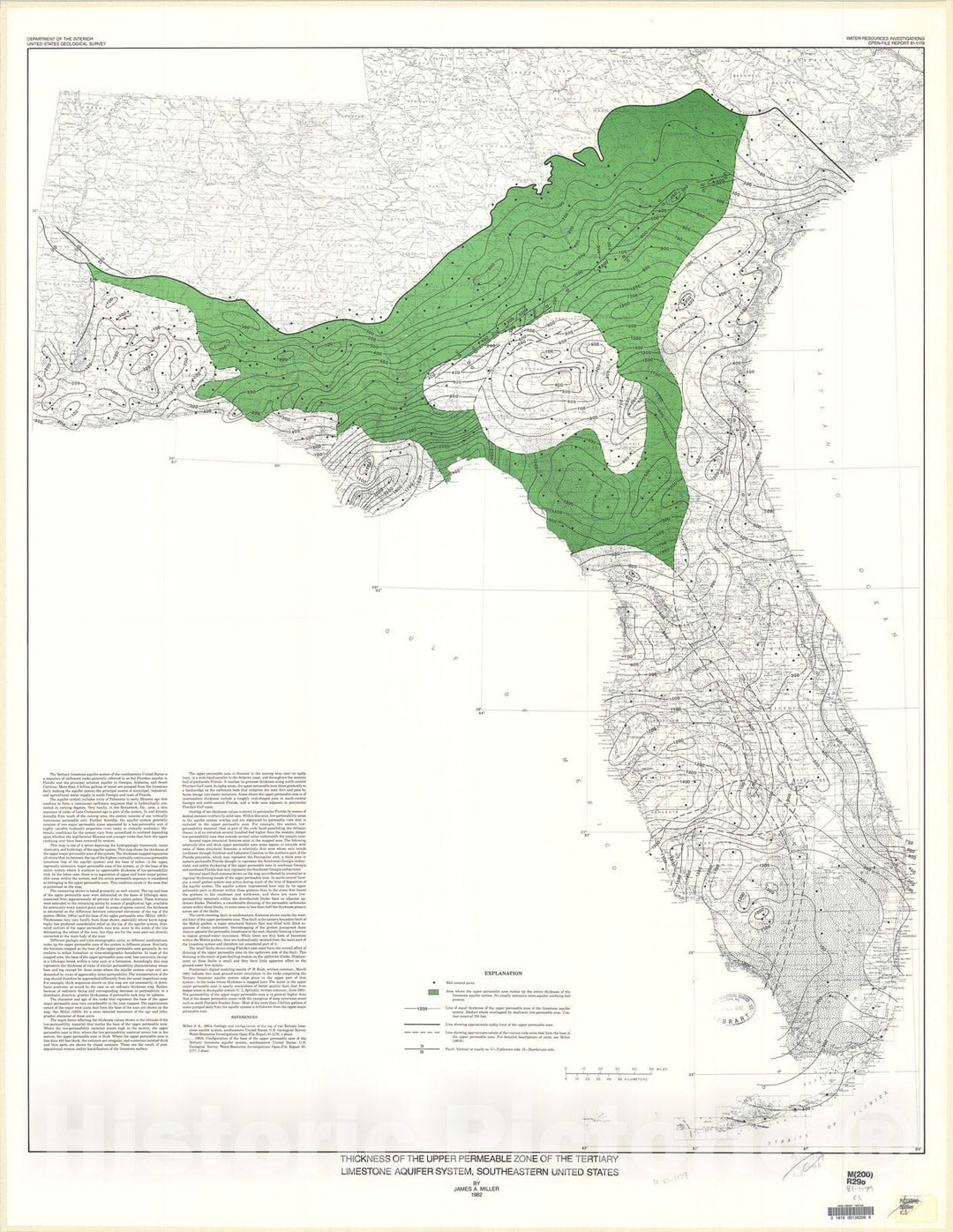 Map : Thickness of the upper permeable zone of the Tertiary limestone aquifer system, southeastern United States, 1981 Cartography Wall Art :