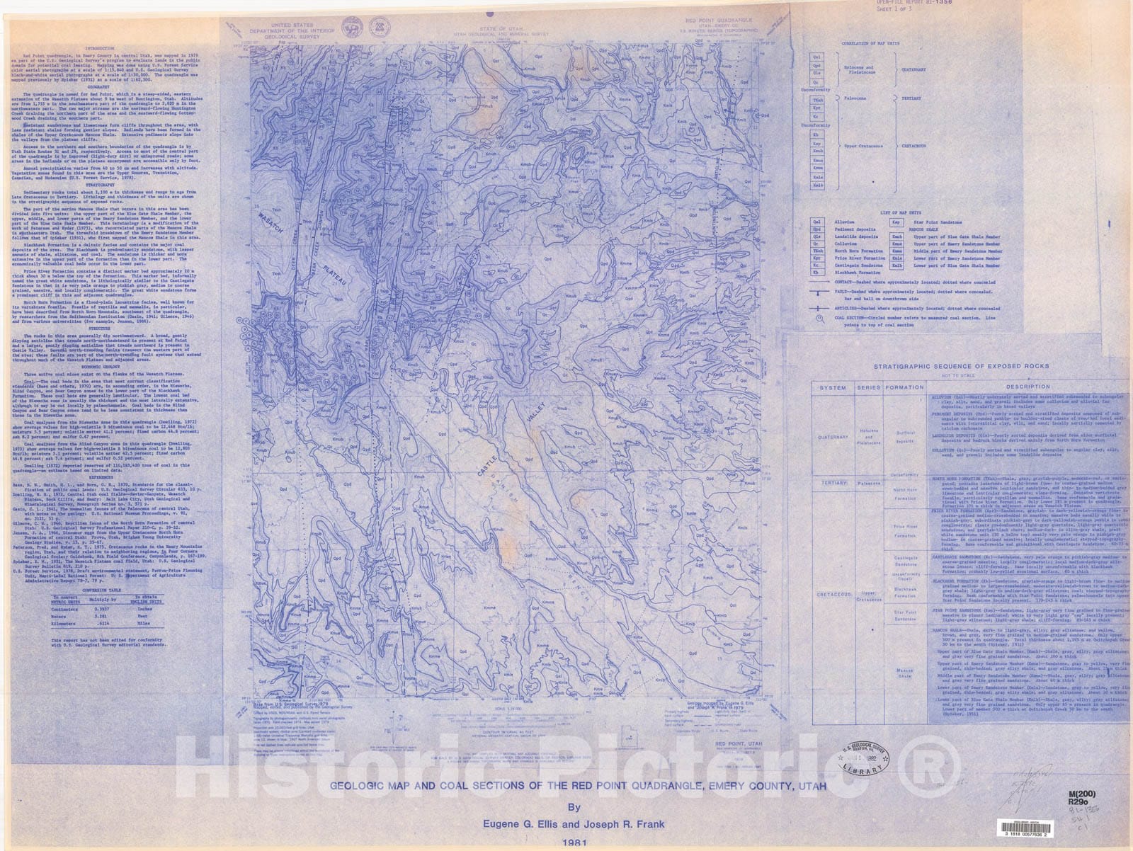 Map : Geologic map and coal sections of the Red Point quadrangle, Emery County, Utah, 1981 Cartography Wall Art :