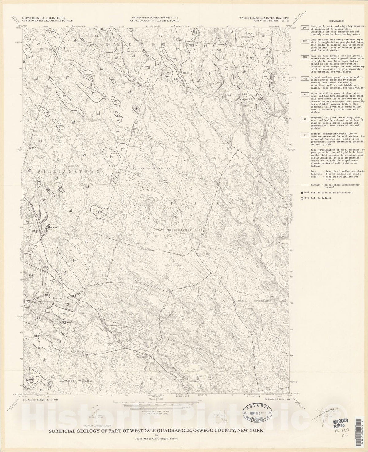 Map : Surficial geology of Westdale quadrangle, Oswego County, New York, 1981 Cartography Wall Art :