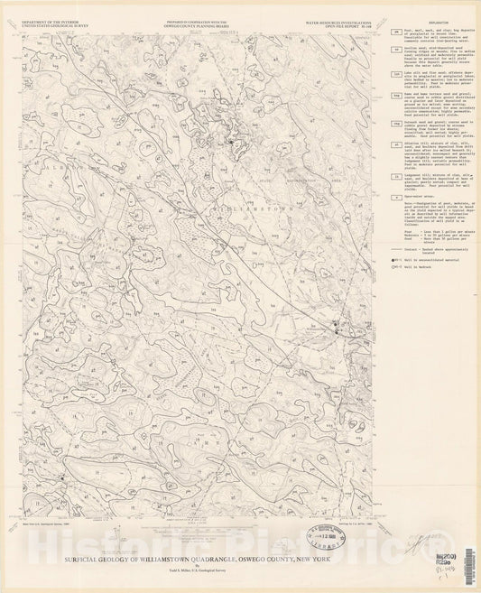 Map : Surficial geology of Williamstown quadrangle, Oswego County, New York, 1981 Cartography Wall Art :