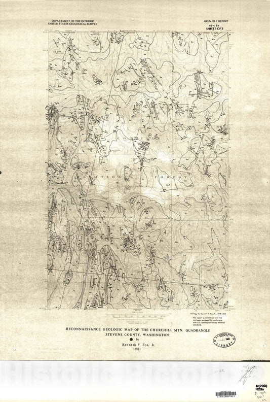 Map : Reconnaissance geologic map of the Churchill Mtn. quadrangle, Stevens County, Washington, 1981 Cartography Wall Art :