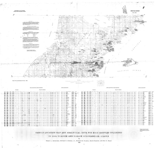 Map : Sample location map and analytical data for rock samples collected in 1980, Ugashik and Karluk quadrangles, Alaska, 1981 Cartography Wall Art :