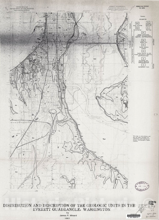 Map : Distribution and description of the geologic units in the Everett quadrangle, Washington, 1981 Cartography Wall Art :
