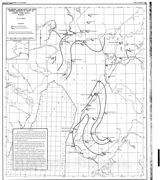 Map : Preliminary unevaluated map (1976) showing amounts of uplift in lower Cook Inlet, Alaska, 1981 Cartography Wall Art :