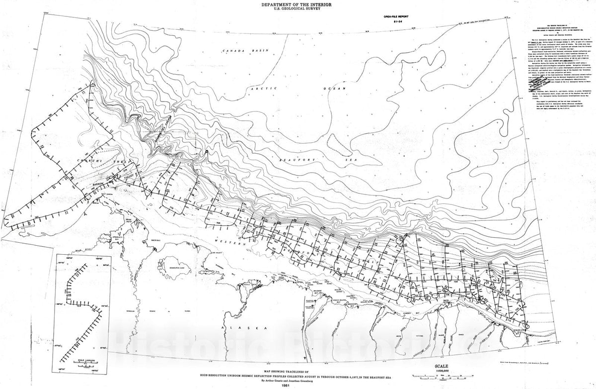 Map : Map showing tracklines of high-resolution uniboom seismic reflection profiles collected August twenty-five through October 5, 1977, in the Beaufort Sea, 1981 Cartography Wall Art :