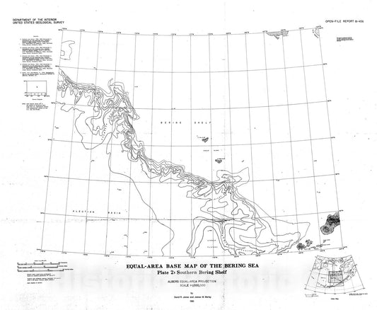 Map : Equal-area base map of the Bering Sea, plate 2: southern Bering shelf, 1981 Cartography Wall Art :