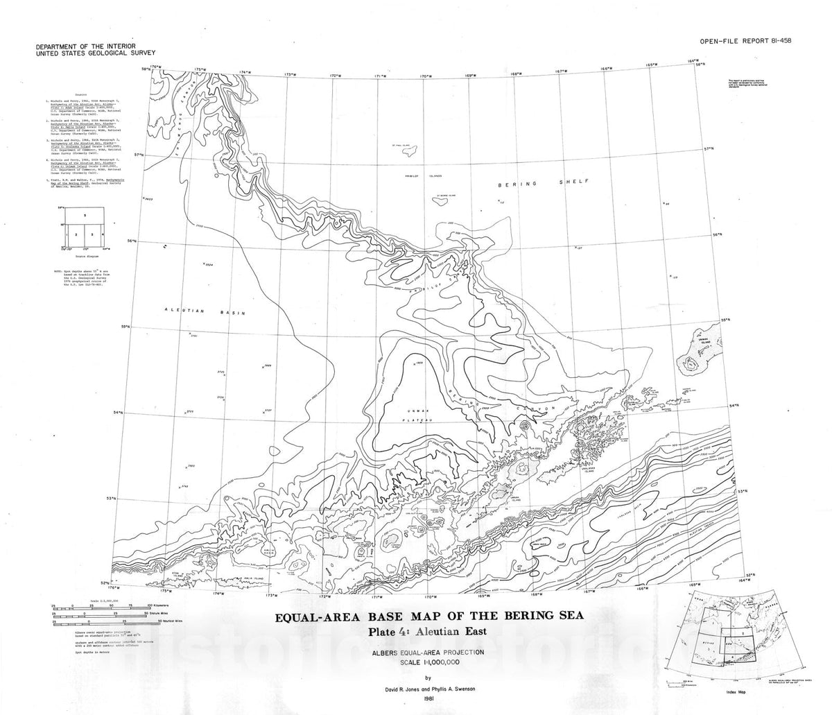 Map : Equal-area base map of the Bering Sea, plate 4: Aleutian east, 1981 Cartography Wall Art :