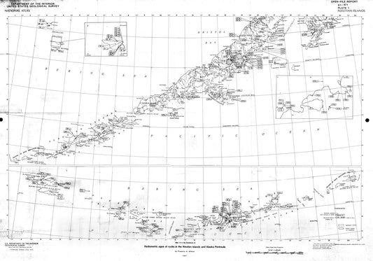Map : Map and table showing radiometric ages of rocks in the Aleutian Islands and Alaska Peninsula, 1981 Cartography Wall Art :