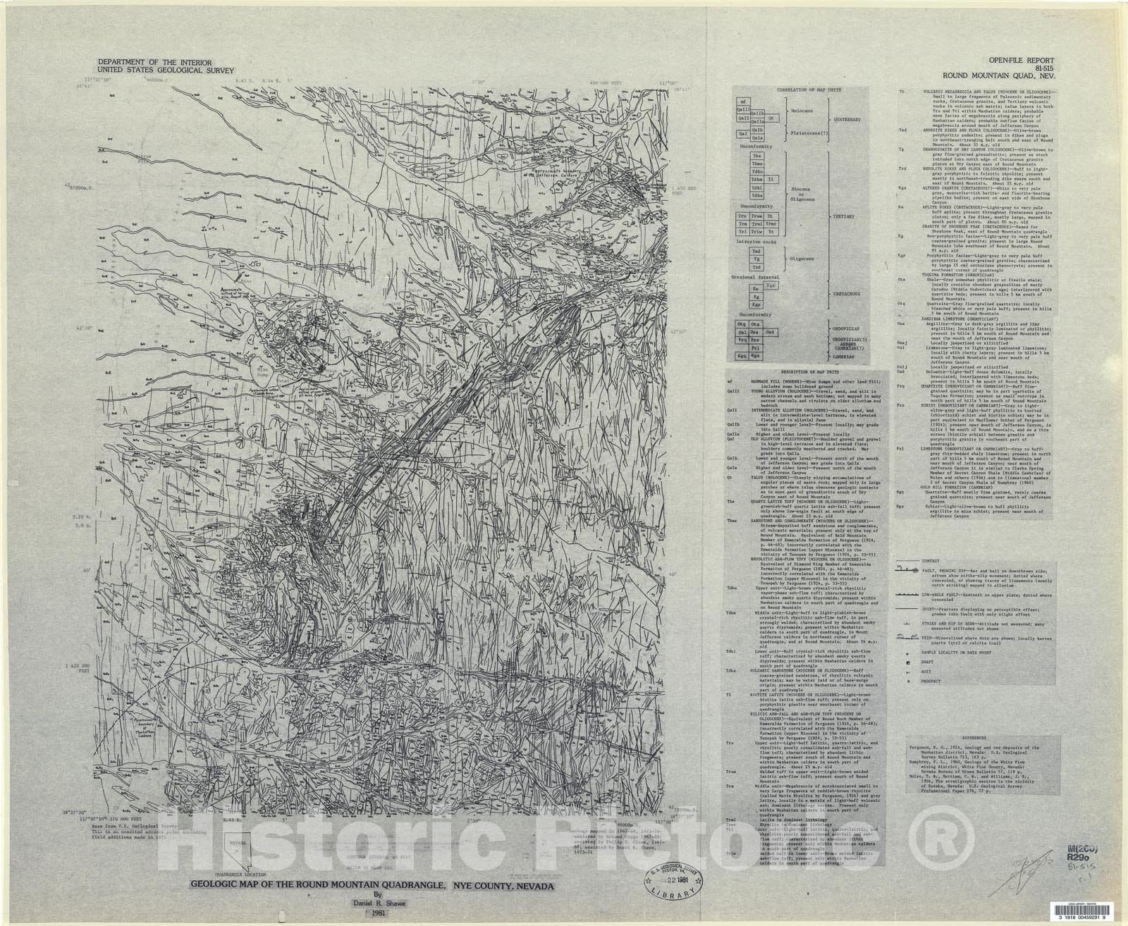 Map : Geologic map of the Round Mountain quadrangle, Nye County, Nevada, 1981 Cartography Wall Art :