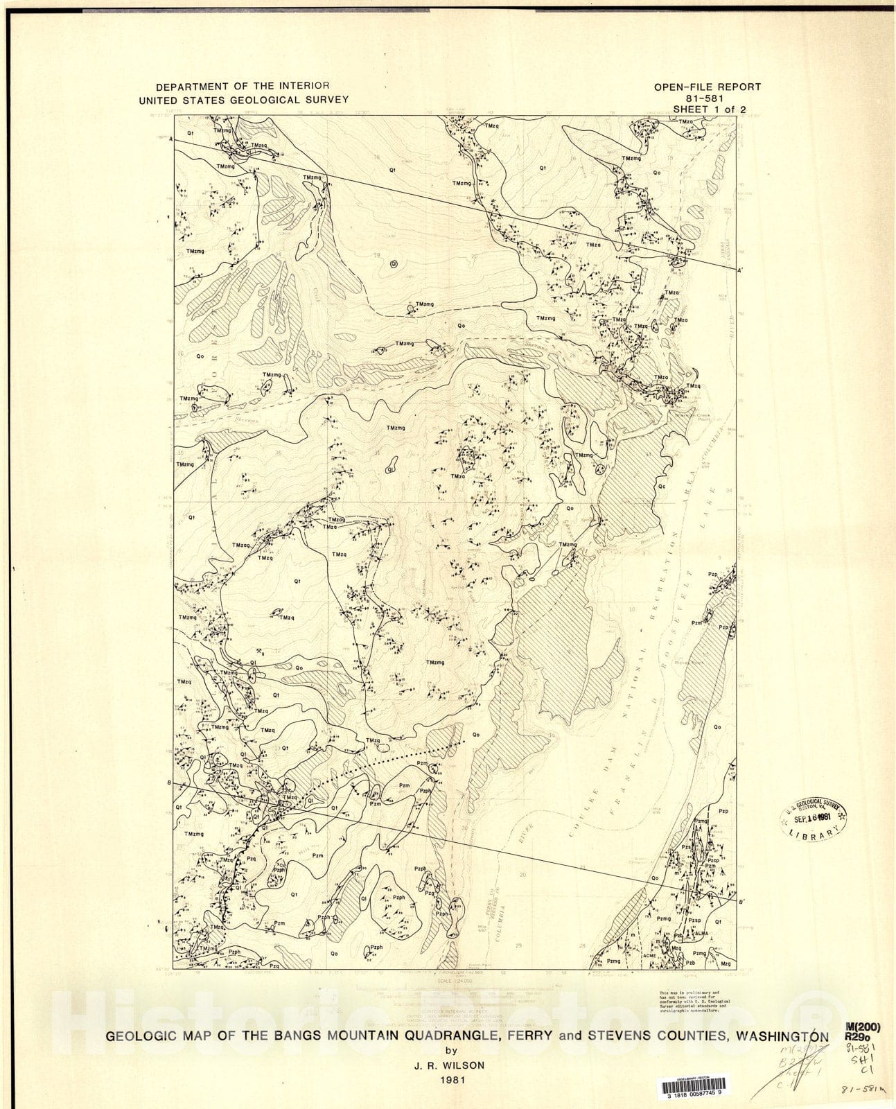 Map : Geologic map of the Bangs Mountain quadrangle, Ferry and Stevens Counties, Washington, 1981 Cartography Wall Art :