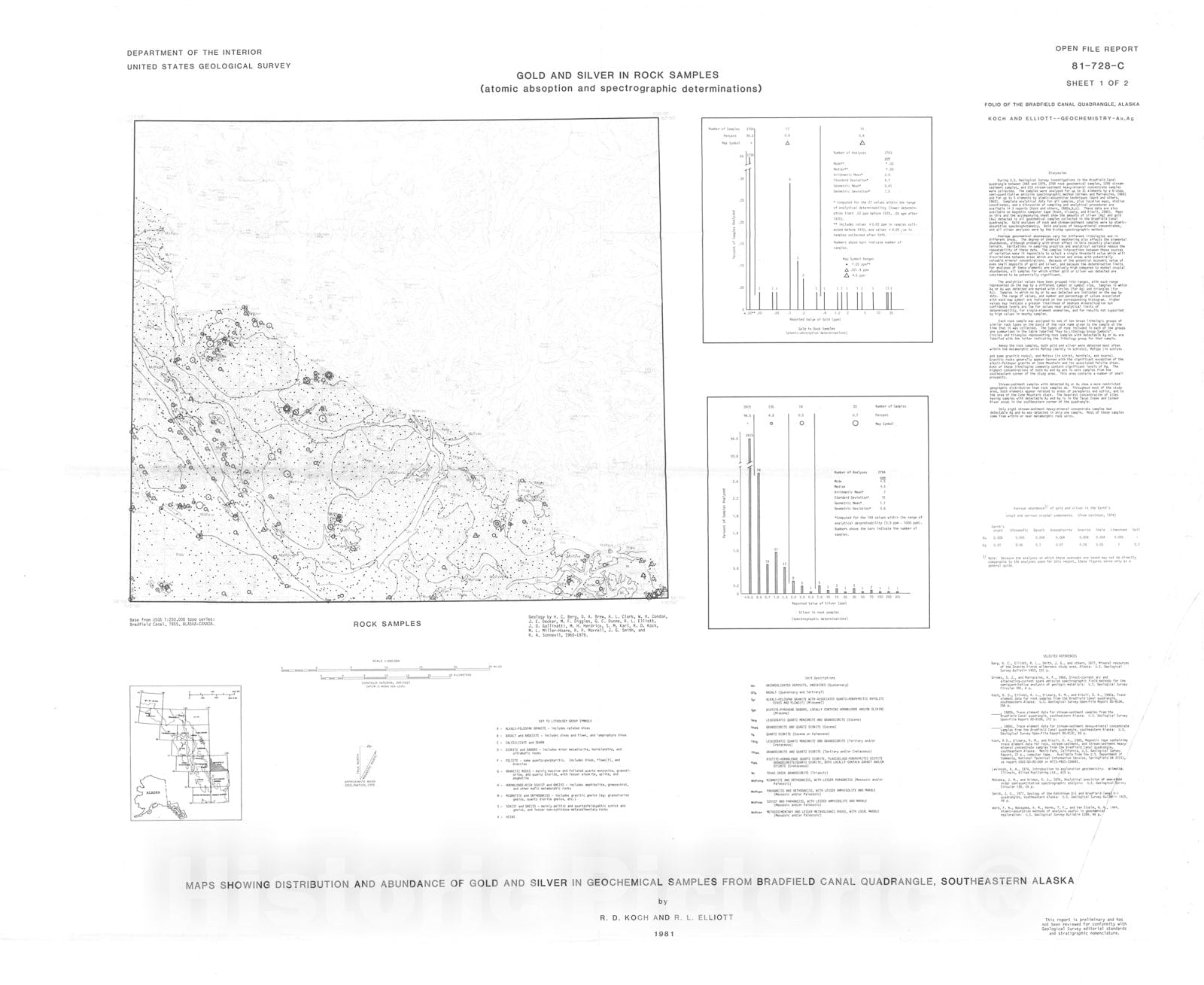 Map : Maps showing distribution and abundance of gold and silver in geochemical samples from Bradfield Canal quadrangle, southeastern Alaska, 1981 Cartography Wall Art :
