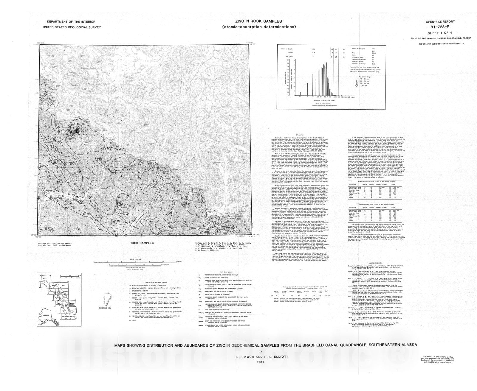 Map : Maps showing distribution and abundance of zinc in geochemical samples from the Bradfield Canal quadrangle, southeastern Alaska, 1981 Cartography Wall Art :