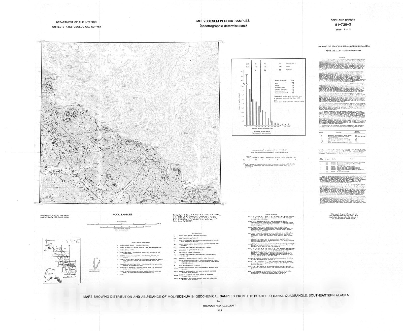 Map : Maps showing distribution and abundance of molybdenum in geochemical samples from the Bradfield Canal quadrangle, southeastern Alaska, 1981 Cartography Wall Art :
