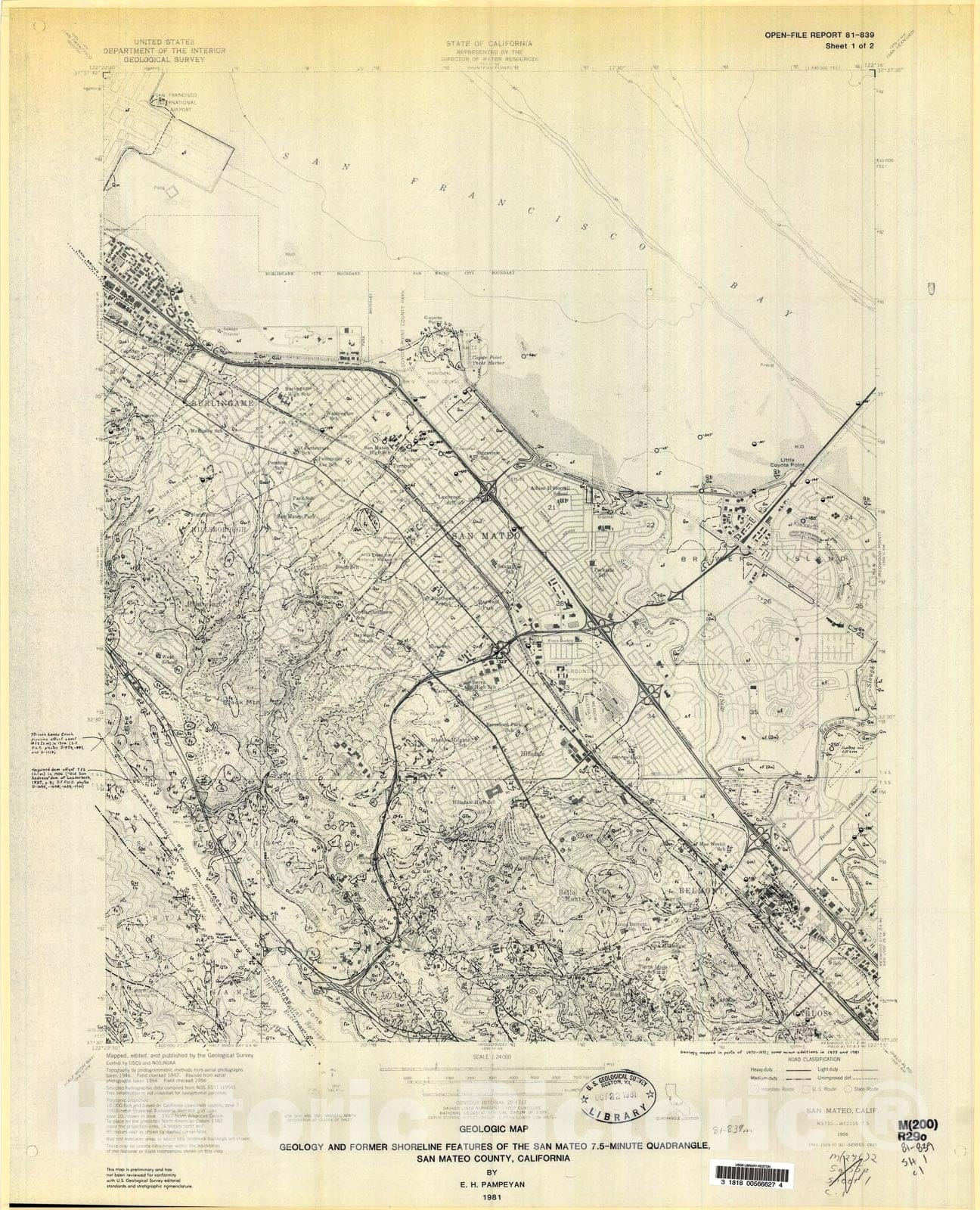 Map : Geology and former shoreline features of the San Mateo 7.5-minute quadrangle, San Mateo County, California, 1981 Cartography Wall Art :