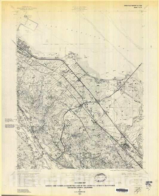 Map : Geology and former shoreline features of the San Mateo 7.5-minute quadrangle, San Mateo County, California, 1981 Cartography Wall Art :