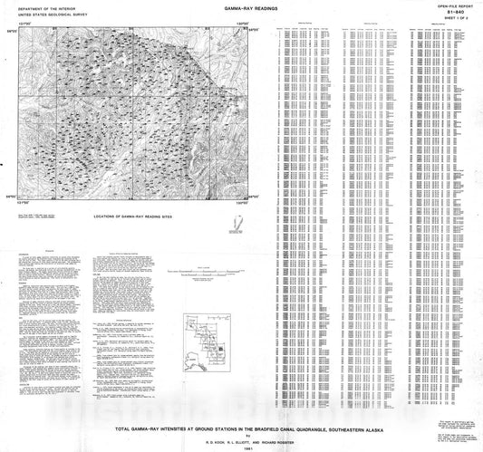 Map : Total gamma ray intensities at ground stations in the Bradfield Canal quadrangle, southeastern Alaska, 1981 Cartography Wall Art :
