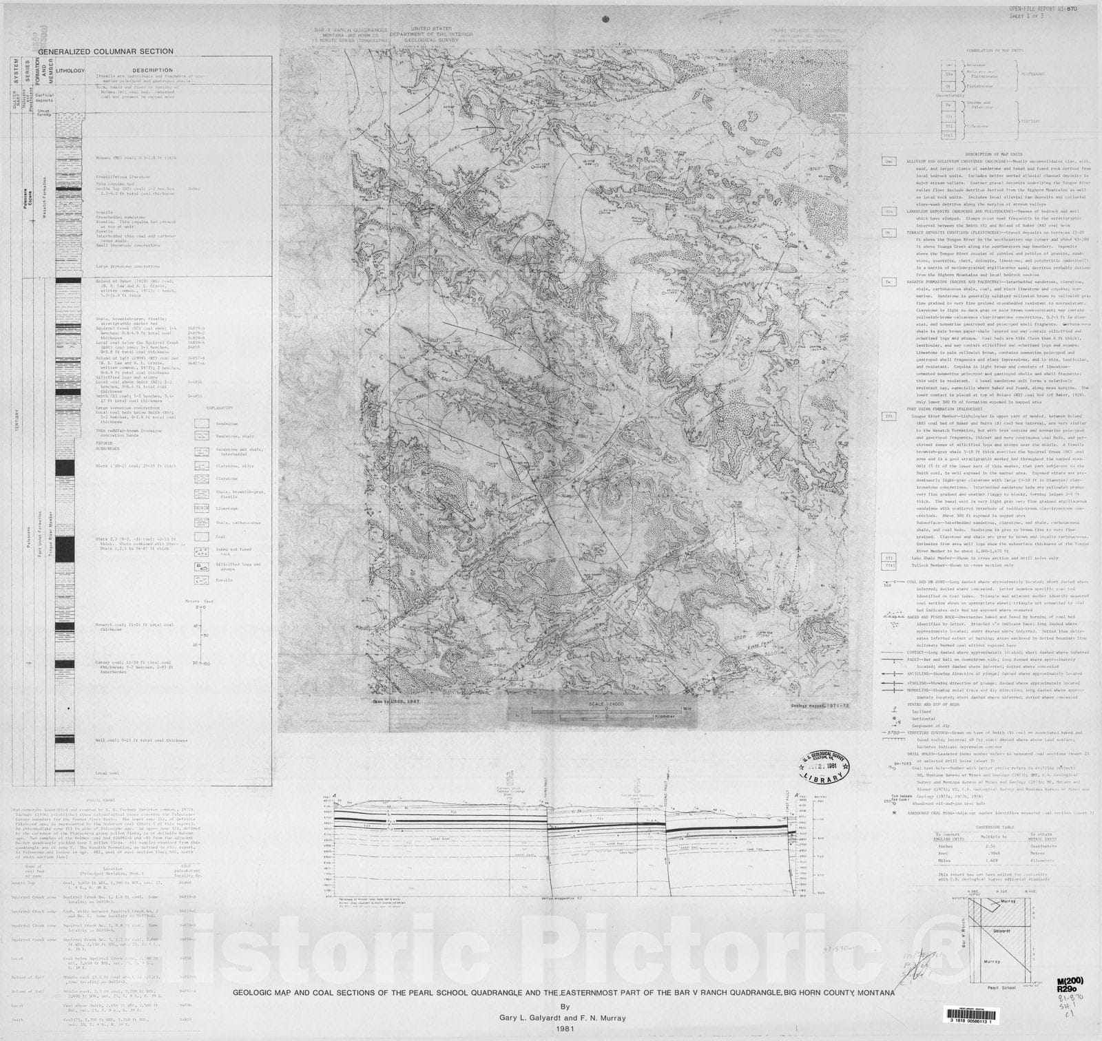 Map : Geologic map and coal sections of the Pearl School quadrangle and the easternmost part of the Bar V Ranch quadrangle, Big Horn County, Montana, 1981 Cartography Wall Art :