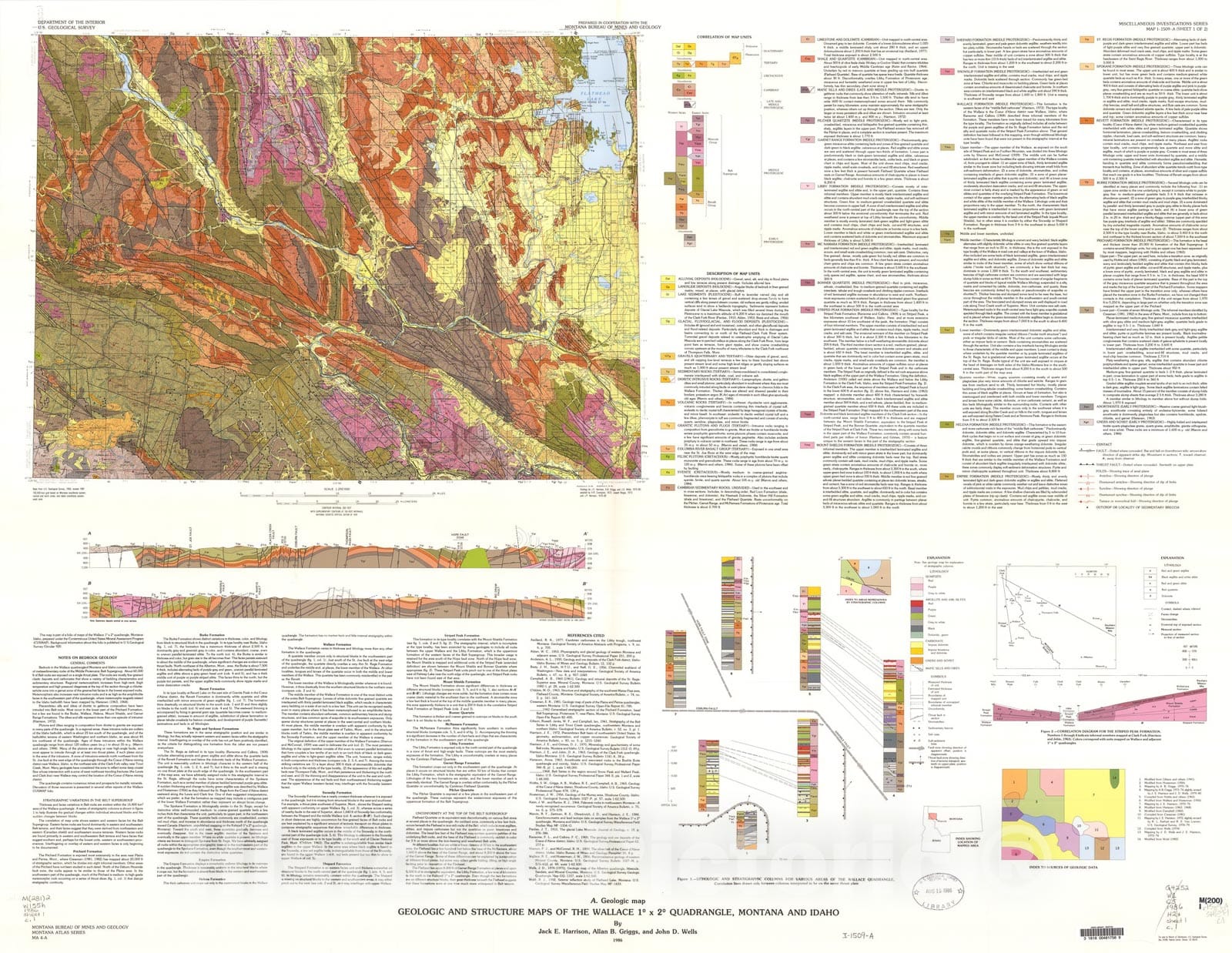 Map : Geologic and structure maps of the Wallace one degree x two degrees quadrangle, Montana and Idaho, one986 Cartography Wall Art :