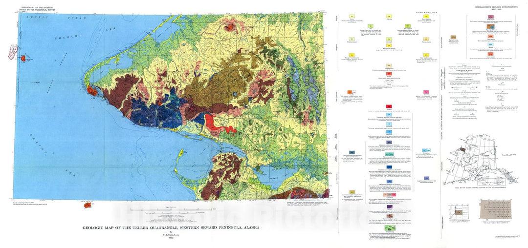 Map : Geologic map of the Teller quadrangle, western Seward Peninsula, Alaska, 1972 Cartography Wall Art :